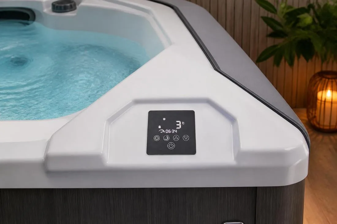 Digital touch control panel on the OF-CP01 cold plunge tub showing temperature and timer readout
