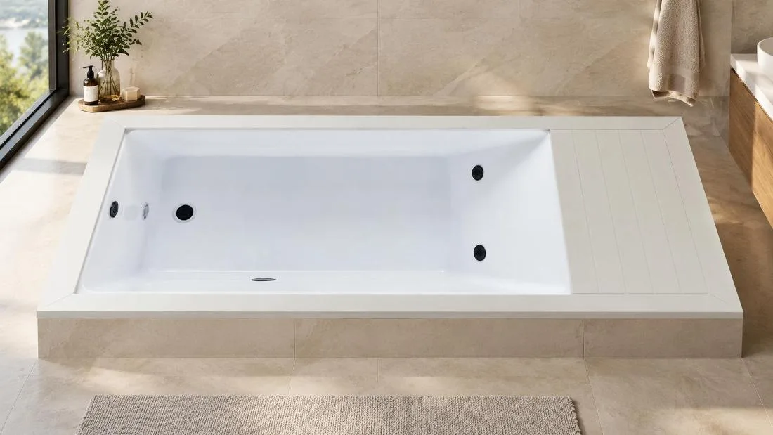 Basin fluid dynamic layout Overhead plan view of the white acrylic tub basin showing twin jet nozzles and drainage ports