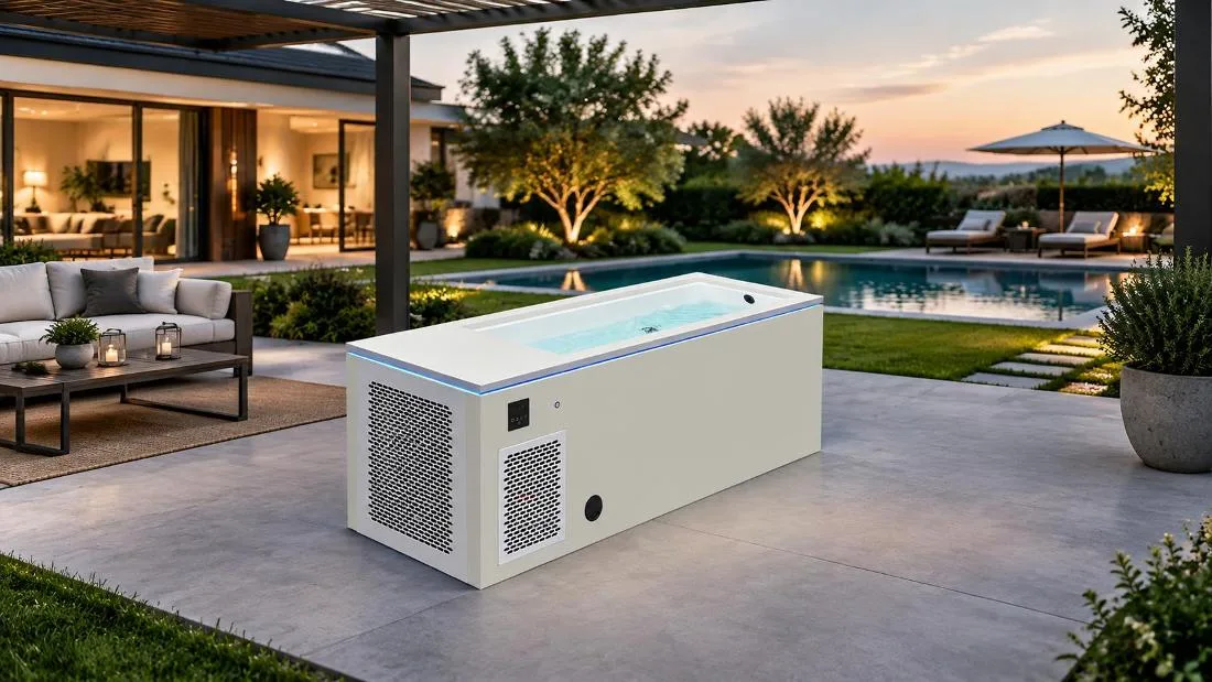Patio cold plunge wellness suite Outdoor lifestyle patio application of the black architectural cold plunge tub