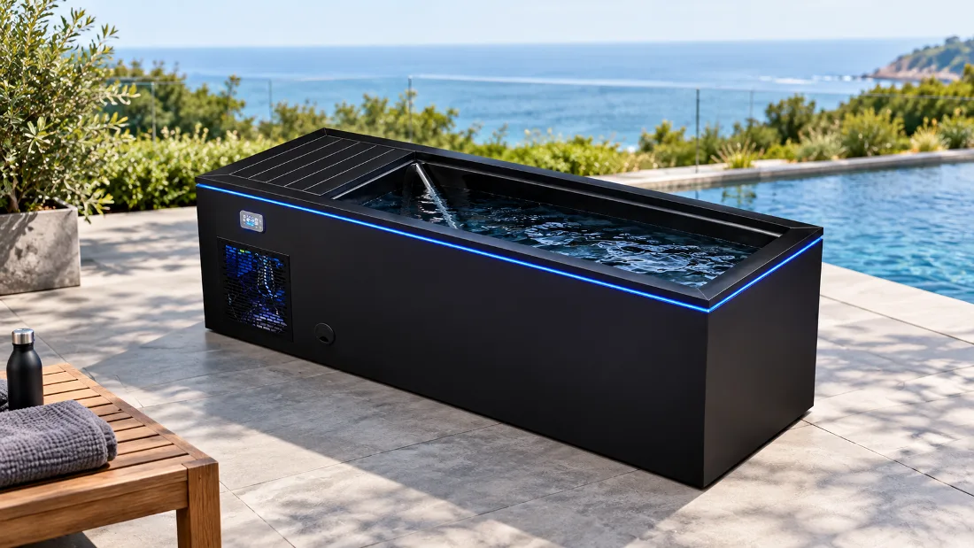 OF-CP01 Black Cabinet with Perimeter LED Lighting Perspective view of the black OF-CP01 cold plunge tub with glowing blue perimeter LED lighting and slatted equipment deck