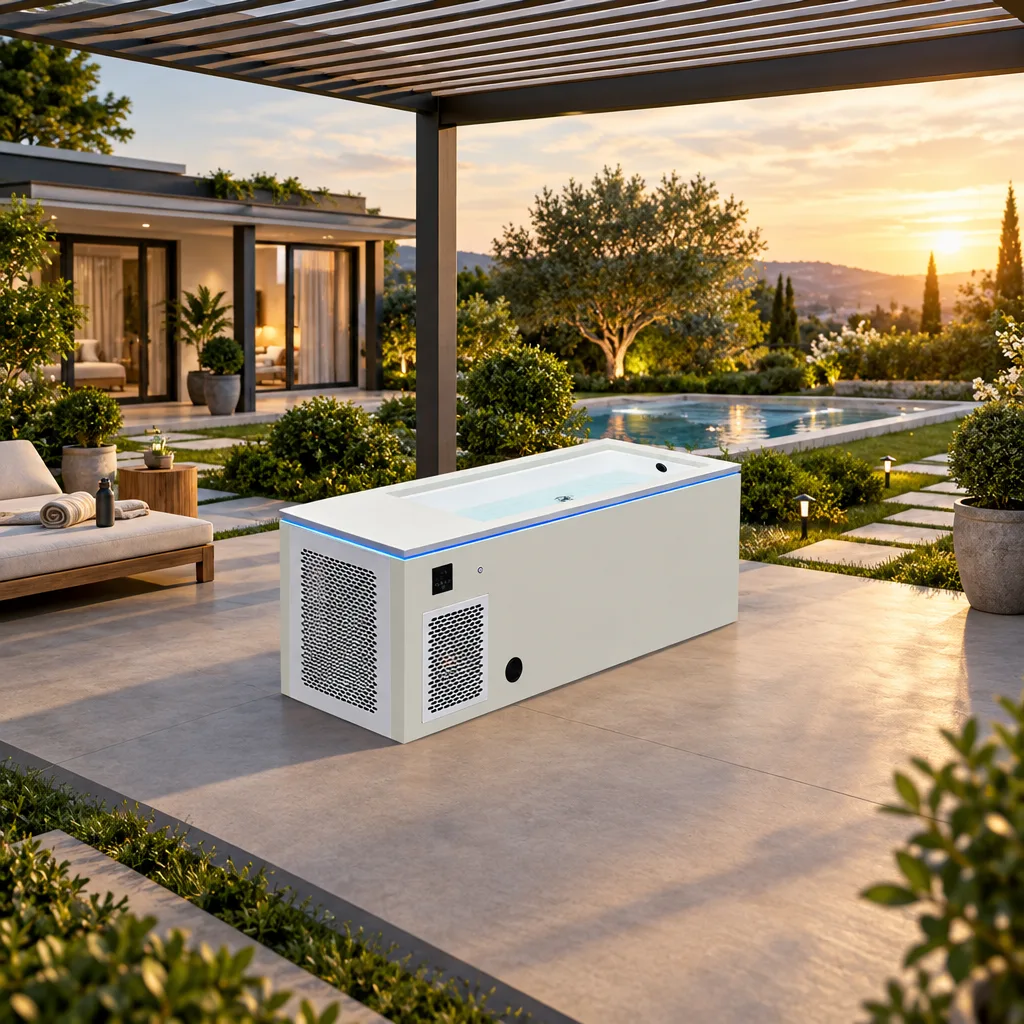 OF-CP01 Outdoor Patio Cold Plunge Installation Outdoor lifestyle view of the OF-CP01 cold plunge tub installed on a residential backyard patio