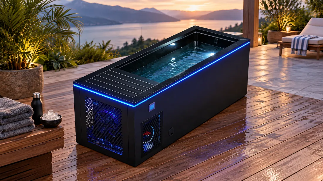 OF-CP01 Side Profile and Chiller Ventilation Grille High-angle side profile view of the black OF-CP01 cold plunge tub showing interior water reflections and ventilation grille