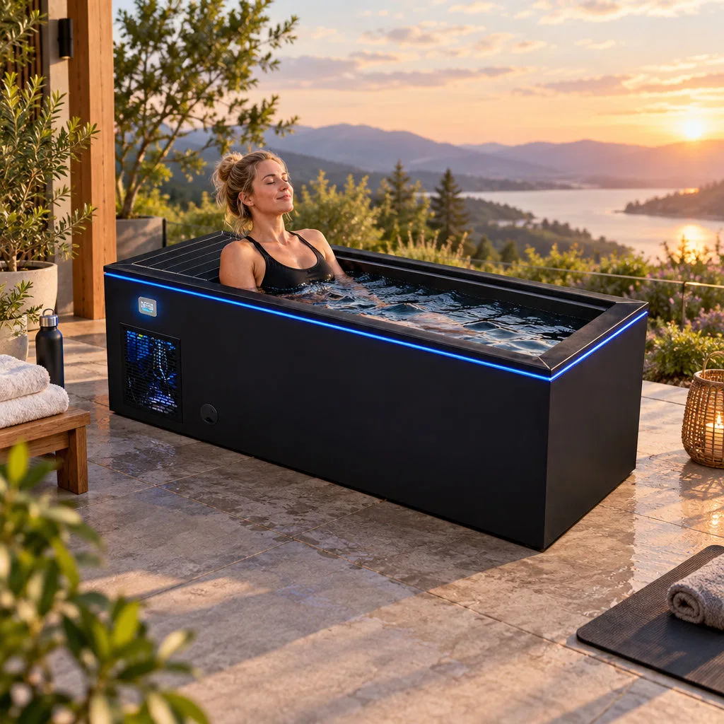 OF-CP01 Black Cabinet Cold Plunge Tub with LED Lighting 45-degree elevated perspective view of the OF-CP01 cold plunge tub in full black finish with glowing blue perimeter LED lighting