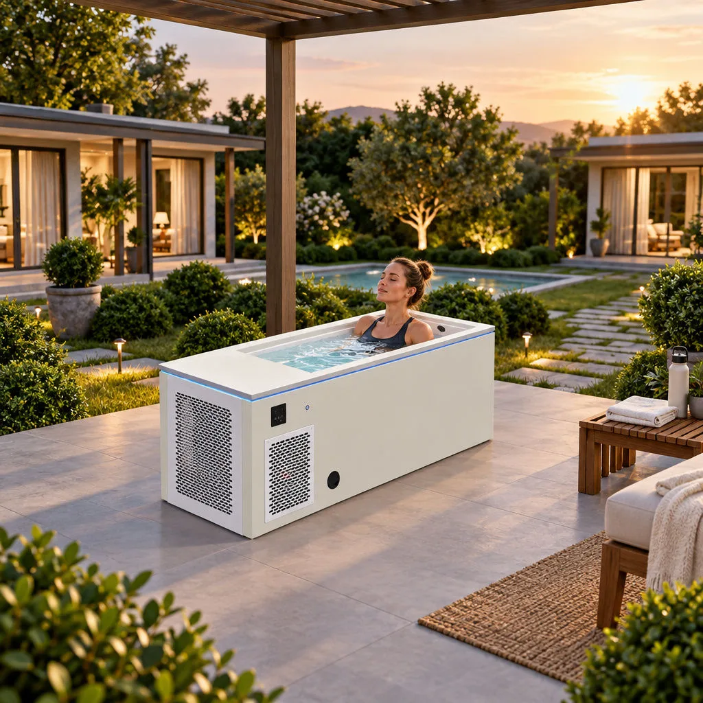OF-CP01 Cold Plunge Tub on Residential Backyard Patio Outdoor lifestyle application scene showing the OF-CP01 cold plunge tub installed on a modern residential backyard patio