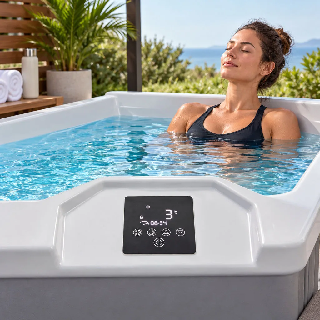 OF-CP01 Digital Touchscreen Control Panel Close-up top-down view of the built-in digital touch control panel on the smooth white acrylic tub ledge showing temperature and timer readouts
