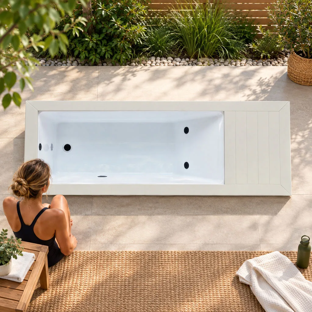 OF-CP01 White Finish Cold Plunge Tub Overhead View Direct overhead plan view of the white finish OF-CP01 cold plunge tub showing the Chinese white acrylic basin and dual jet nozzles