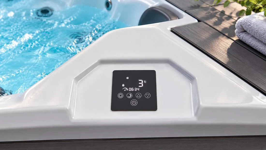 Digital touch control panel Close-up view of the digital touch control panel on the OF-CP01 cold plunge tub