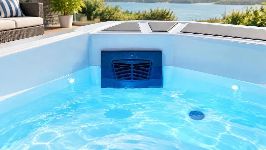 Circulation Jets and Ozone System Detailed interior view of Chinese white acrylic basin showing hydrotherapy circulation jets and ozone output fittings