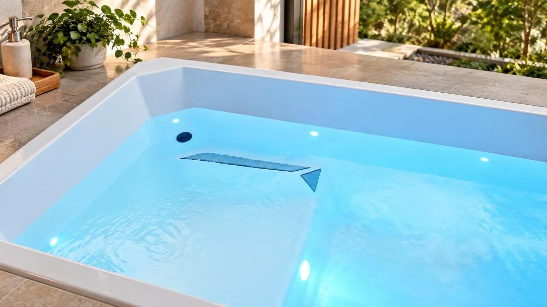 Interior Basin Step and Non-Slip Pads High-angle top-down interior shot showing molded acrylic step seating with geometric non-slip textured pads