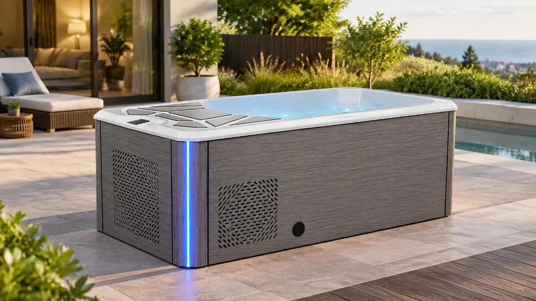 Tub Cabinet and Non-Slip Rim Three-quarter studio view of the cold plunge tub featuring weathered grey wood siding and non-slip top rim step pads