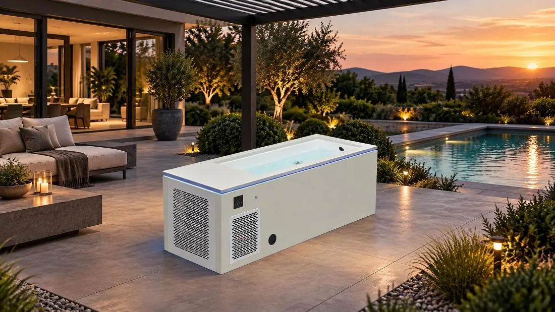 Residential Outdoor Patio Cold Plunge Setup Cold plunge tub installed on residential backyard patio