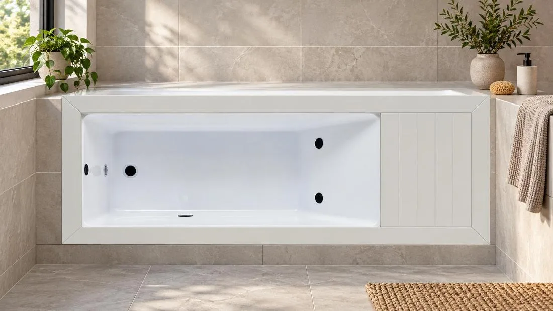 White Acrylic Interior Basin Layout Overhead plan view of white acrylic basin with jet nozzles and drainer
