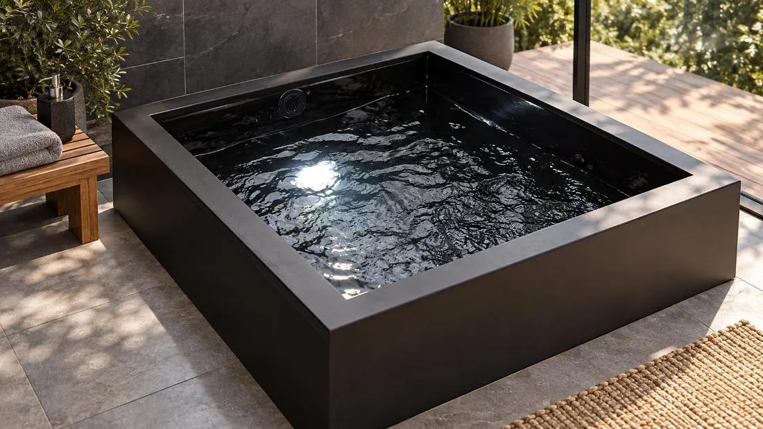 Ergonomic Cold Plunge Tub Cabinet Three-quarter studio view of the single-person cold plunge tub displaying the sleek cabinet skirt, integrated side equipment compartment grilles, and ergonomic tub opening.