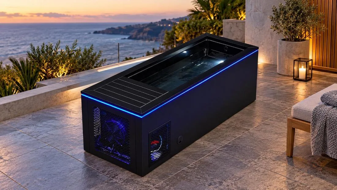 Illuminated Cold Basin Interior High-angle perspective view highlighting the side profile and interior basin of the black cold plunge tub. Water surface reflections are visible within the tub illuminated by interior LEDs, accompanied by the bright blue perimeter accent light and black slatted ventilation grille on the short end exposing the chiller unit.