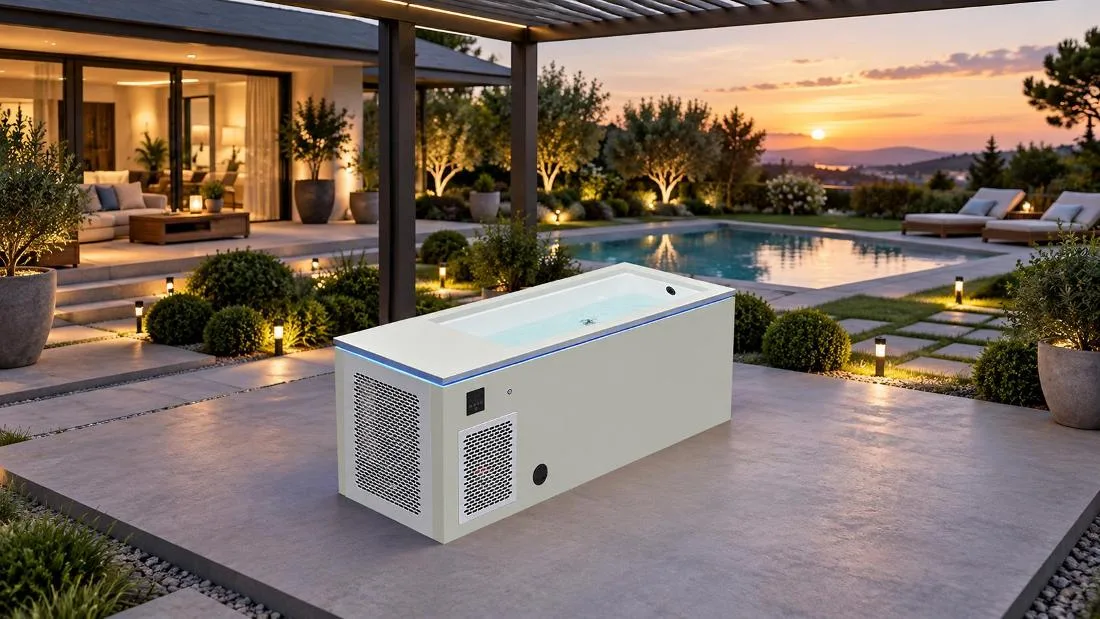 Residential Patio Installation of Cold Plunge Tub Outdoor lifestyle application scene showing the OF-CP01 cold plunge tub installed on a modern residential backyard patio, demonstrating how its sleek architectural design integrates into outdoor landscaping and home wellness spaces.