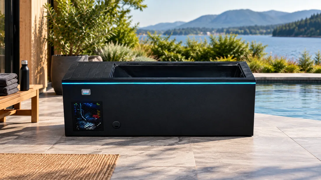 Black OF-CP01 Cold Plunge Tub Front view of the black OF-CP01 cold plunge tub with cyan-blue perimeter LED lighting