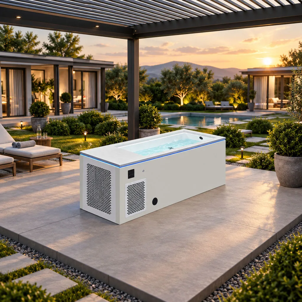 OF-CP01 Outdoor Patio Installation Outdoor installation of the OF-CP01 cold plunge tub on a modern patio