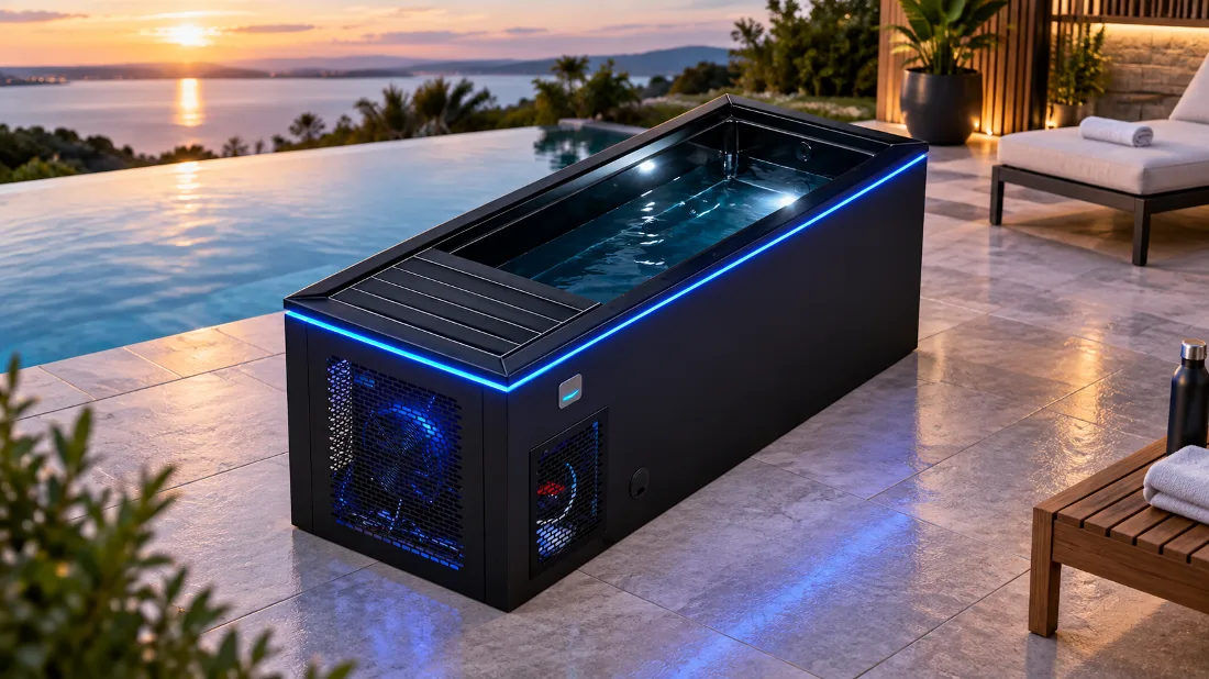 OF-CP01 Side Profile and Chiller Ventilation Side-angle view of the black OF-CP01 cold plunge tub showing interior water reflections and chiller ventilation grille
