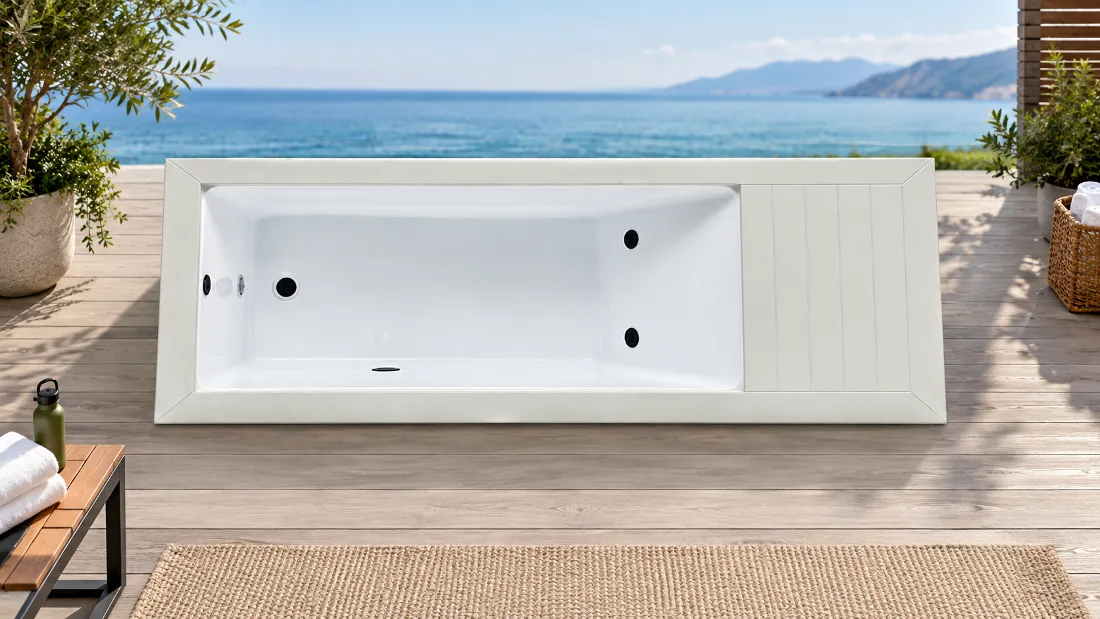 White OF-CP01 Acrylic Basin and Deck Overhead view of the white OF-CP01 cold plunge tub showing the Chinese white acrylic basin and dual jets