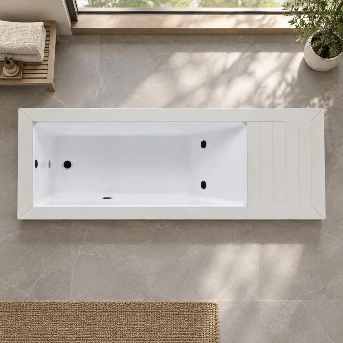 Basin Jet Geometry and Internal Drainage Overhead plan view of a white acrylic basin showing dual hydrotherapy jets and floor drain