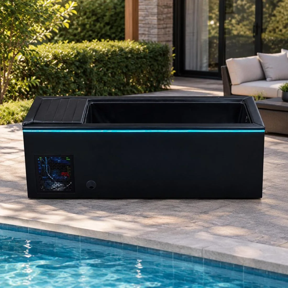Engineered Cold Plunge Cabinet Architecture A studio perspective view of the dark cabinet cold plunge tub with louvered ventilation and perimeter LED