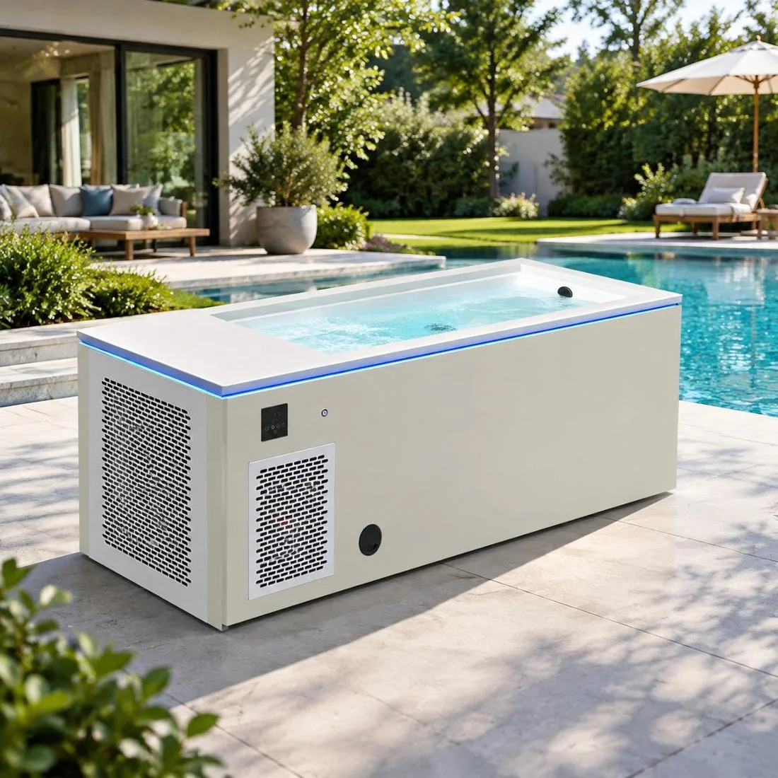 Residential Outdoor Cold Plunge Installation A single-person cold plunge tub installed on a modern residential backyard patio