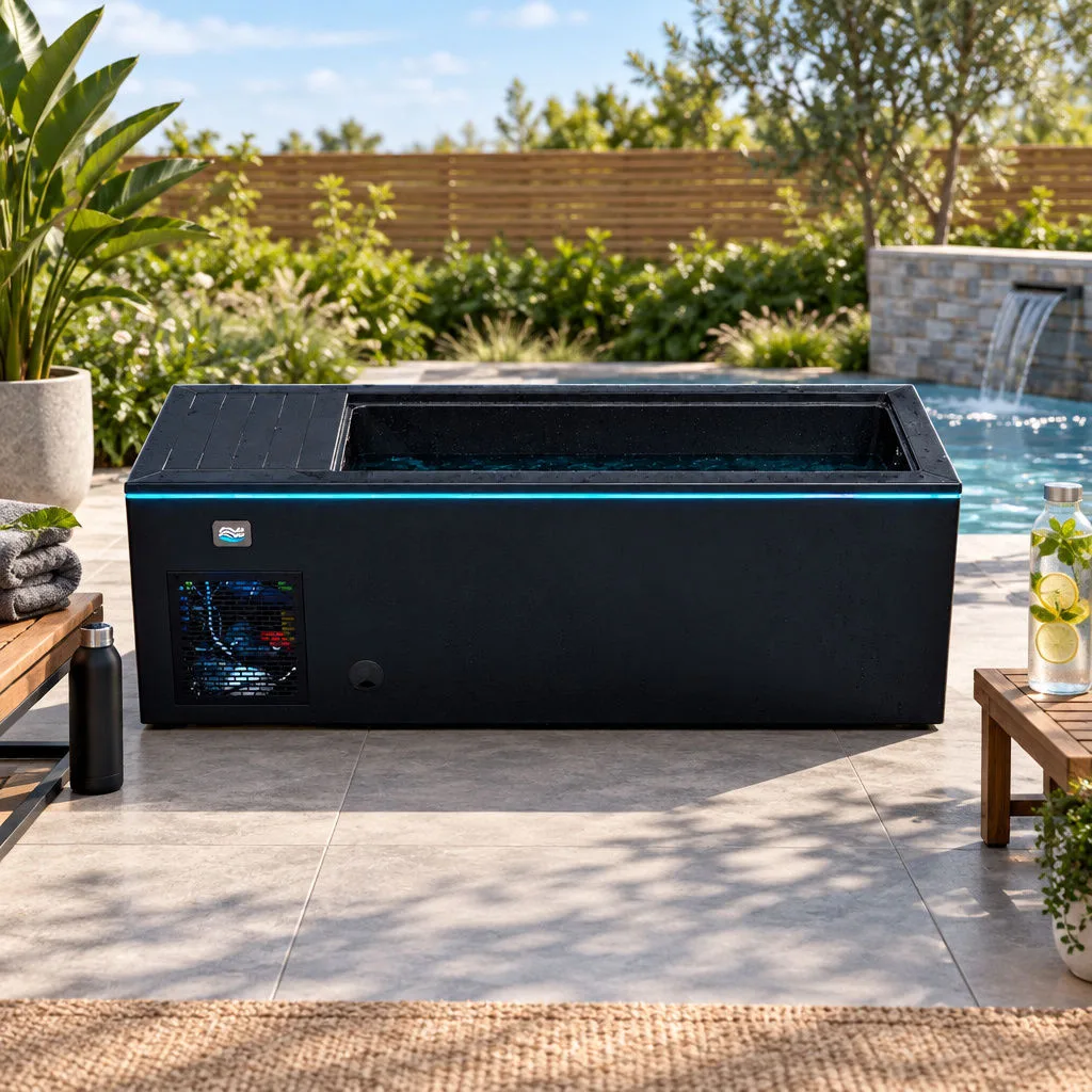 Black OF-CP01 Cold Plunge Tub with Perimeter LED Lighting Front-facing studio shot of the black OF-CP01 cold plunge tub with cyan-blue perimeter LED lighting and chiller ventilation grille