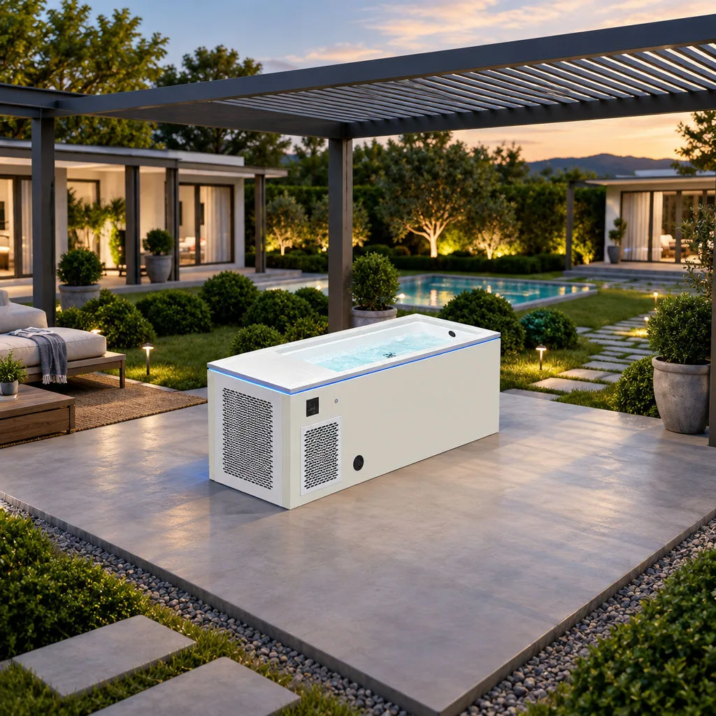 OF-CP01 Outdoor Residential Patio Installation Outdoor lifestyle scene showing the OF-CP01 cold plunge tub installed on a modern residential backyard patio