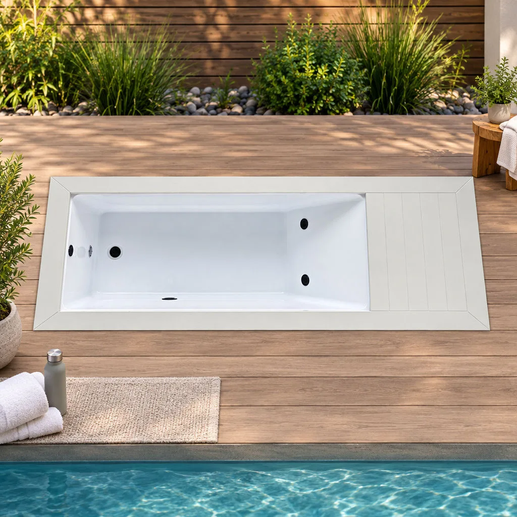 OF-CP01 White Acrylic Basin and Dual Jets Direct overhead plan view of the white finish OF-CP01 cold plunge tub showing the Chinese white acrylic basin, dual black jet nozzles, and equipment deck