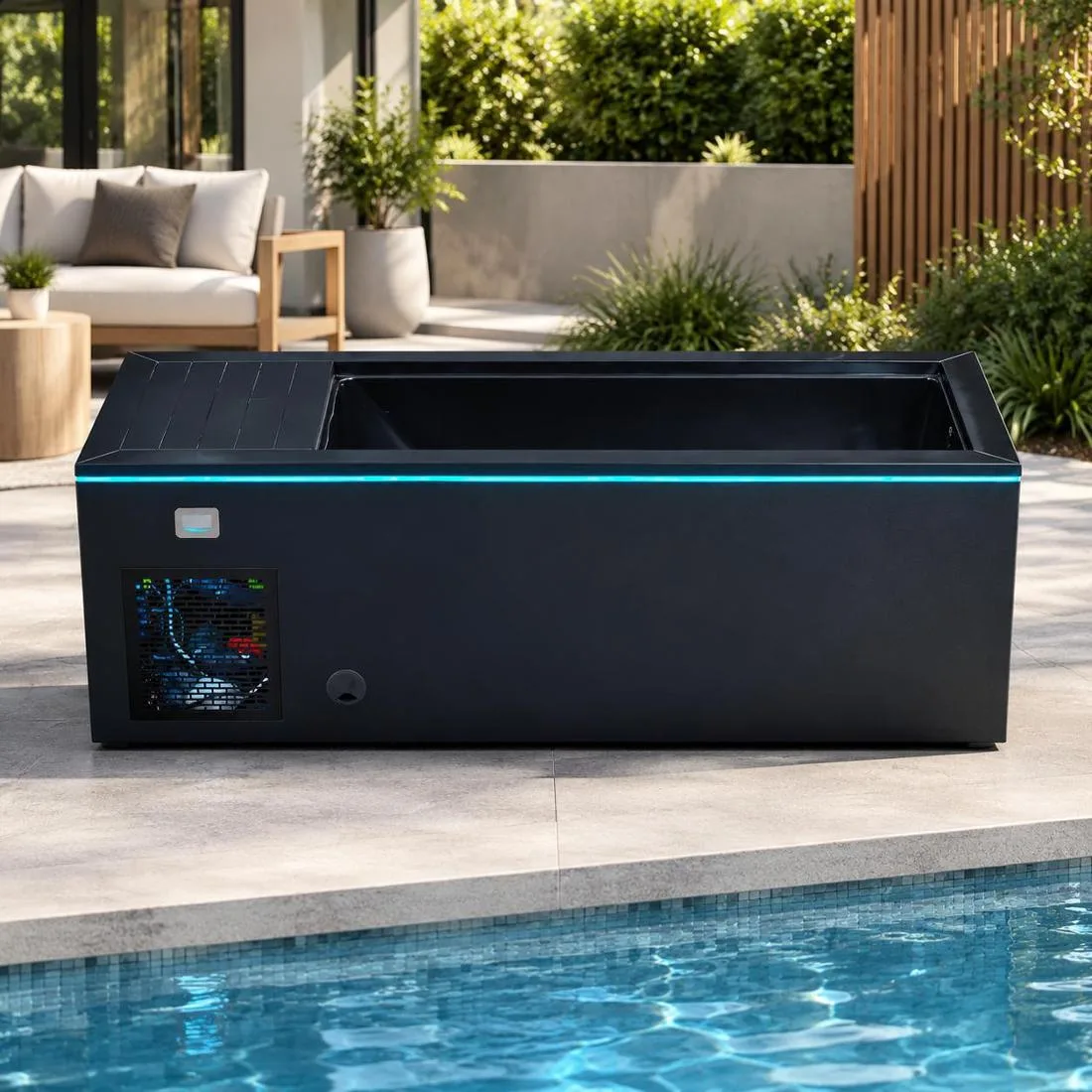 Chiller Ventilation Grille and Exterior Cabinet Clearance Side profile of the dark cold plunge cabinet highlighting louvered chiller exhaust grilles and perimeter lighting