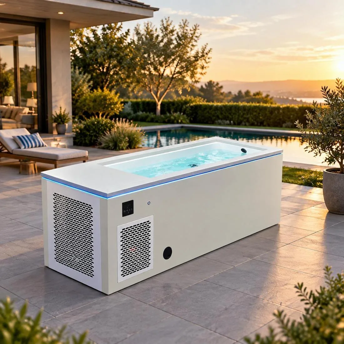 Outdoor Patio Placement and Service Access Clearances Outdoor residential patio setting showing a cold plunge tub integrated cleanly into landscape pavers with open access margins