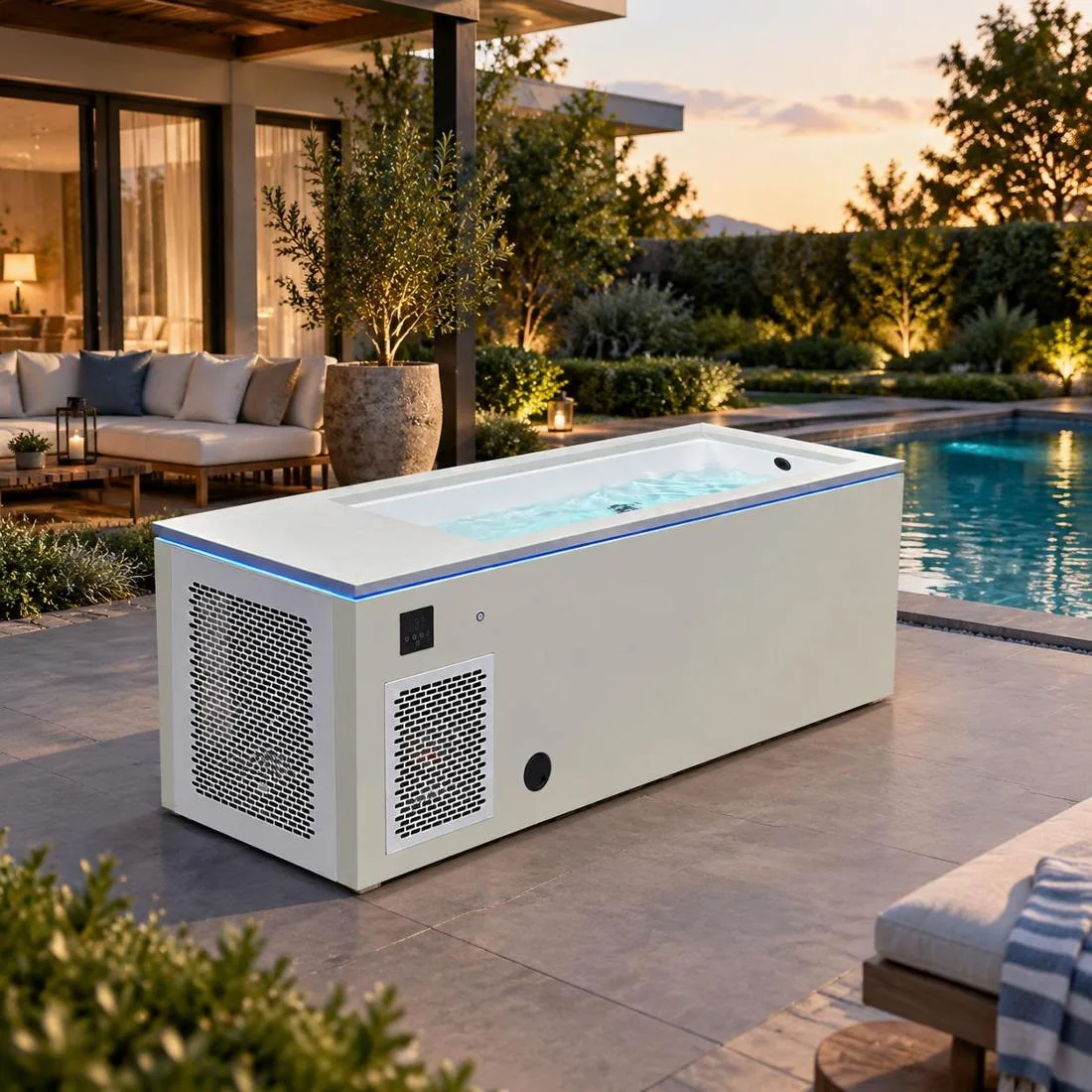 Patio Wellness Installation Outdoor cold plunge tub installation on modern backyard patio
