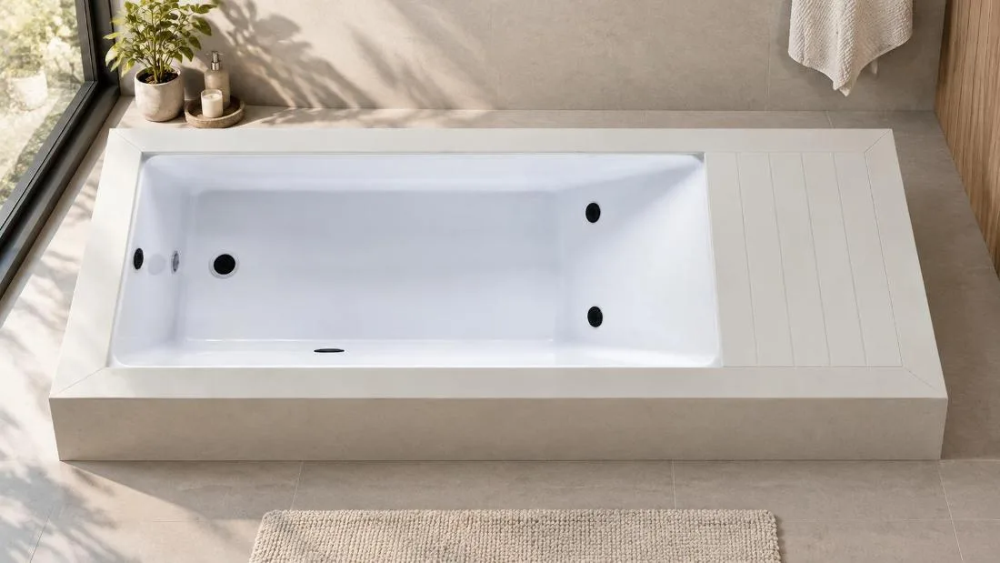Interior Plunge Basin Drainage Ports Overhead plan view of the white acrylic tub basin showing the bottom floor drainer and side overflow outlet