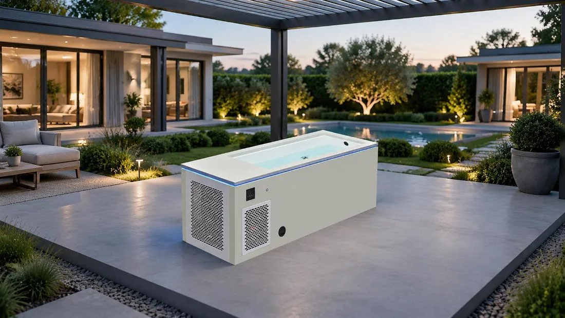 Residential Patio Cold Plunge Tub Installation Outdoor lifestyle application scene showing the OF-CP01 cold plunge tub installed on a modern residential backyard patio