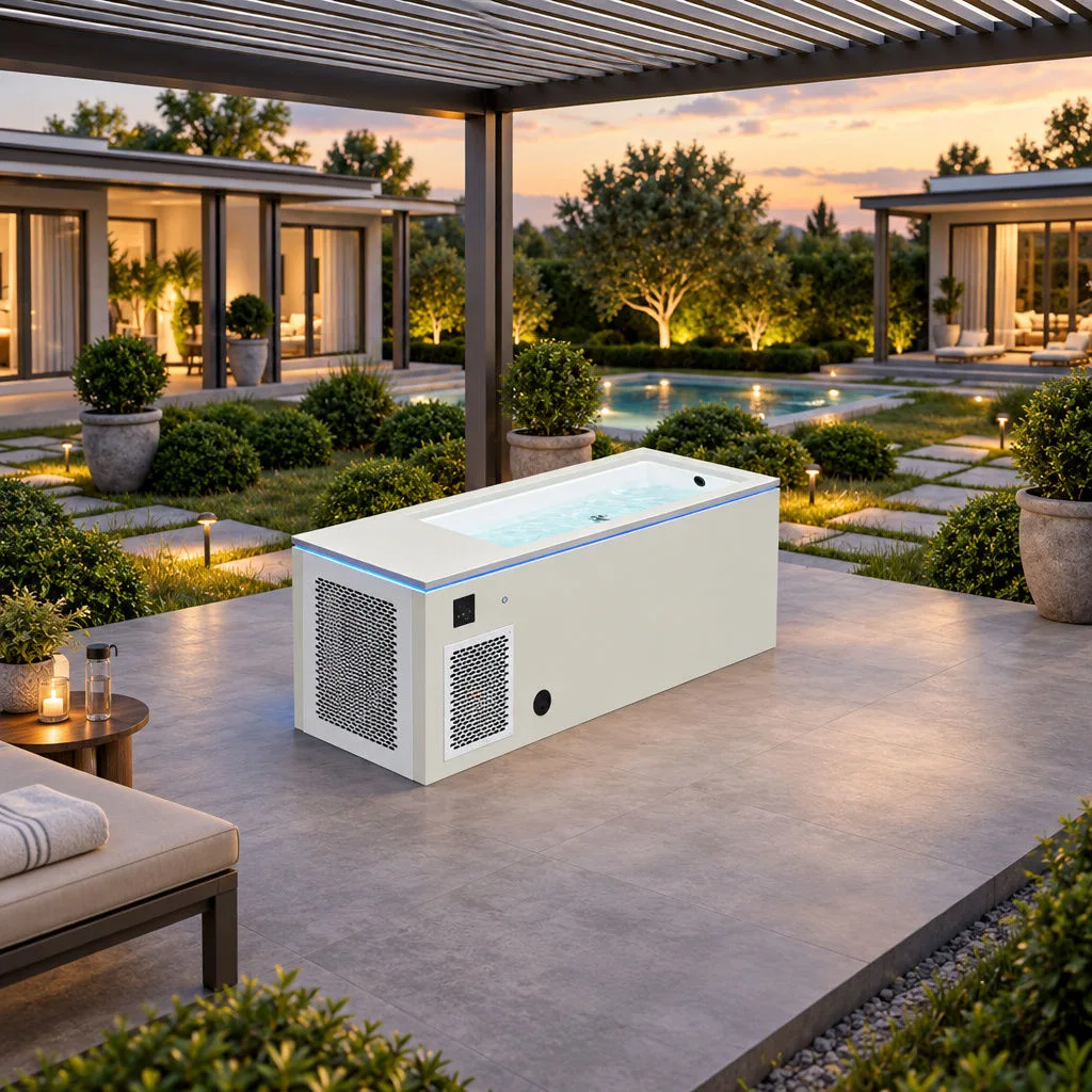 OF-CP01 Cold Plunge Tub on Backyard Patio Outdoor lifestyle scene of the OF-CP01 cold plunge tub on a residential backyard patio