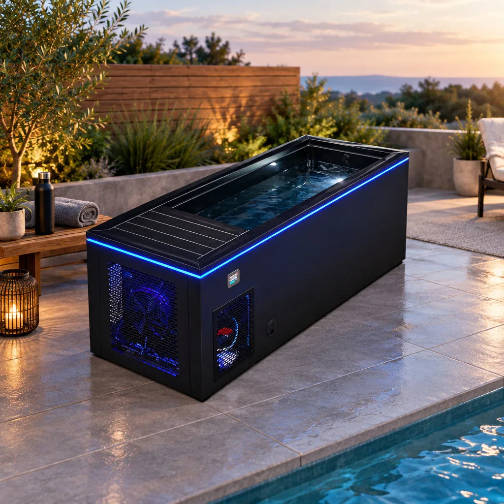 OF-CP01 Cold Plunge Tub Side Profile and Illuminated Basin High-angle side profile view of the black OF-CP01 cold plunge tub showing illuminated water surface and chiller grille