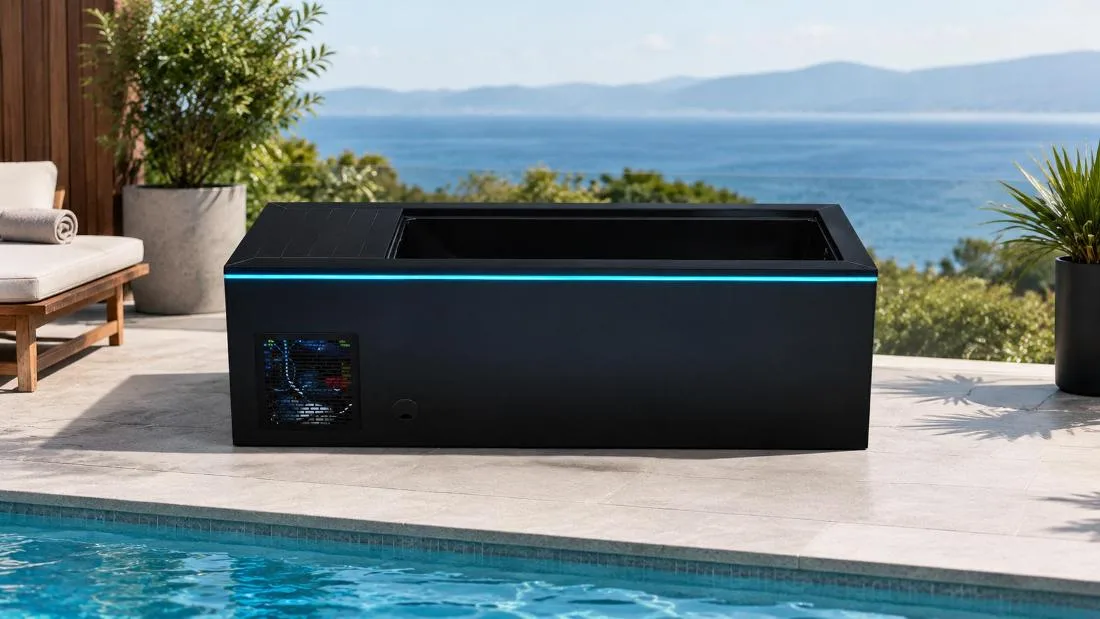 Architectural Matte Black Cold Plunge Profile Front-facing horizontal eye-level studio shot of the black OF-CP01 cold plunge tub against a pure white backdrop