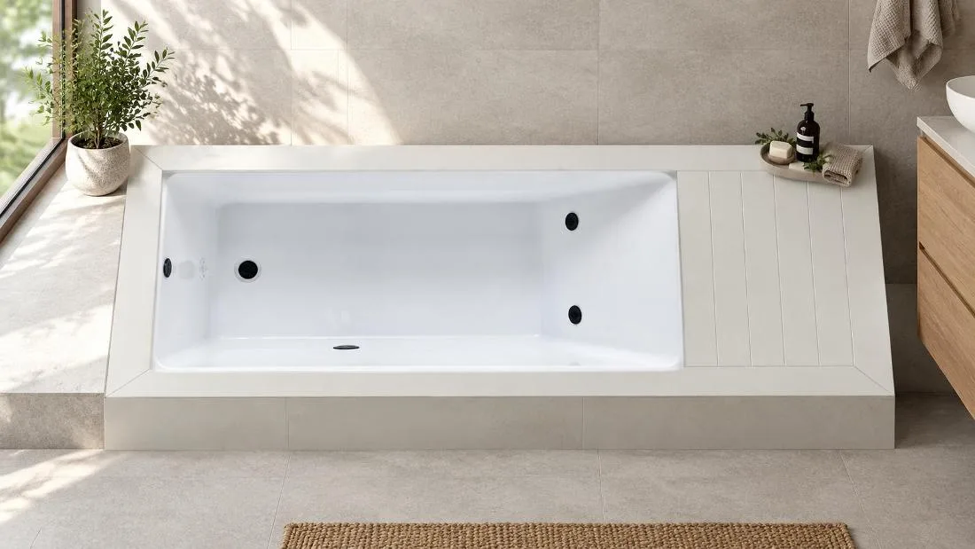 Basin Layout and Hydrotherapy Jets Direct overhead plan view of the white finish cold plunge tub isolated against a plain white background