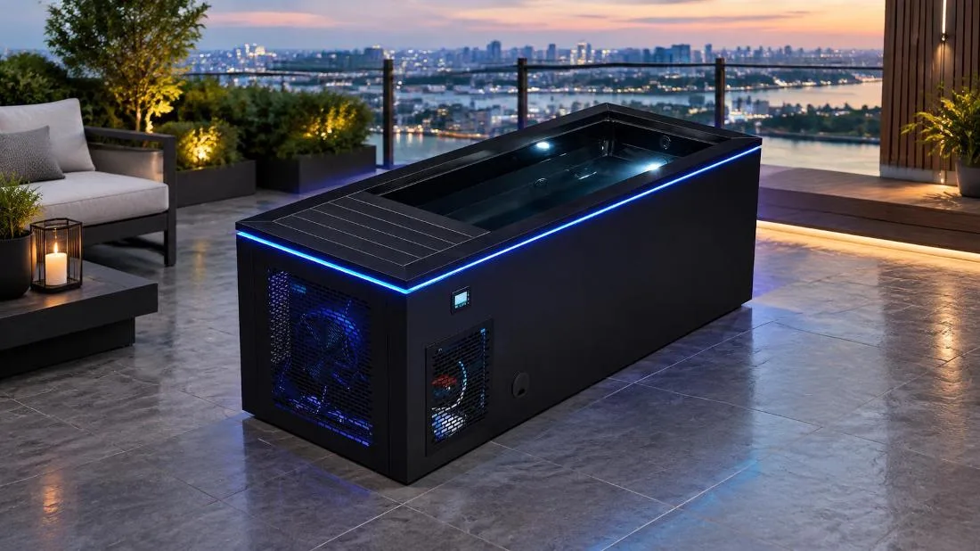 Illuminated Cold Water Interior Basin High-angle perspective view highlighting the side profile and interior basin of the black cold plunge tub