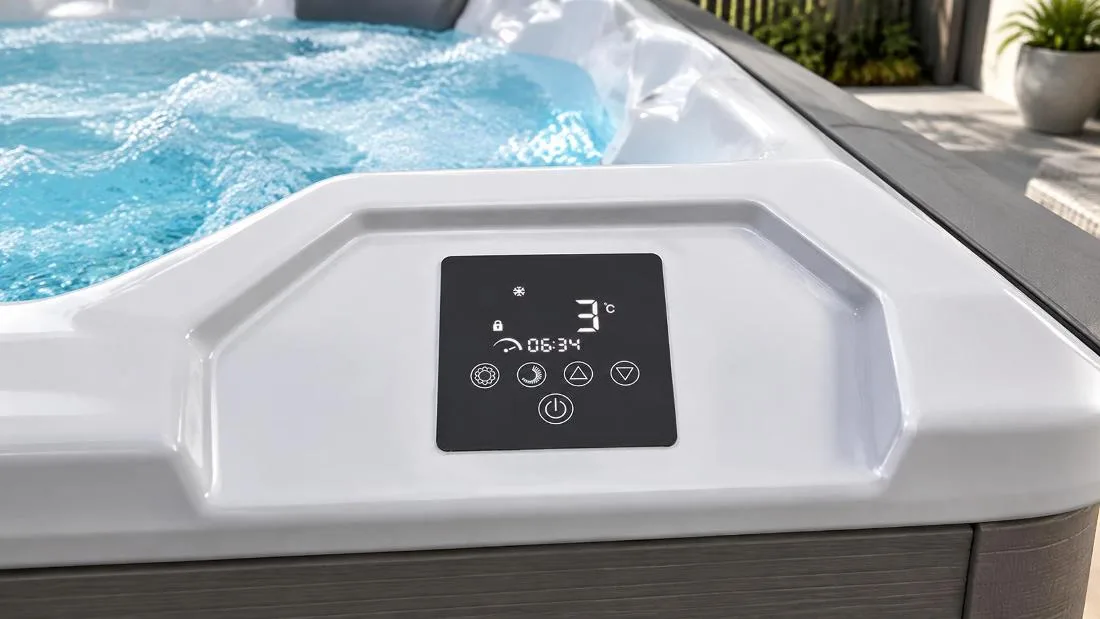 Digital Touch Control Panel with Temperature Display Close-up view of the built-in digital touch control panel on the white acrylic tub ledge