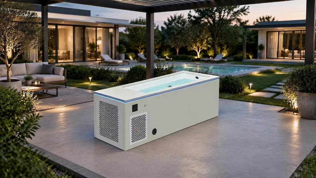 OF-CP01 Cold Plunge Installation on Backyard Patio Outdoor lifestyle application scene showing the OF-CP01 cold plunge tub installed on a modern residential backyard patio