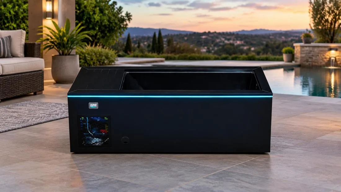 OF-CP01 Cold Plunge Tub with Ambient LED Lighting Front horizontal eye-level studio shot of the black OF-CP01 cold plunge tub with glowing blue LED strip