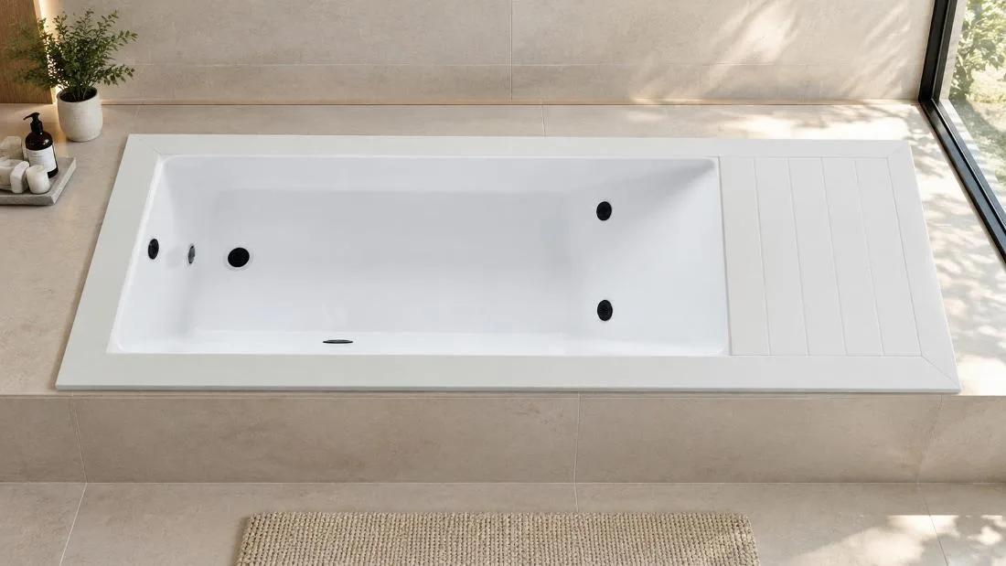 Overhead View of OF-CP01 Interior Basin and Deck Direct overhead plan view of the white finish cold plunge tub showing acrylic basin and jets