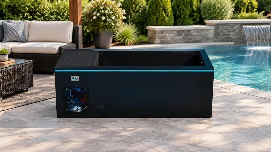 Black Cabinet Cold Plunge Tub with Perimeter Lighting Studio horizontal profile view of the black cold plunge tub with blue LED illumination