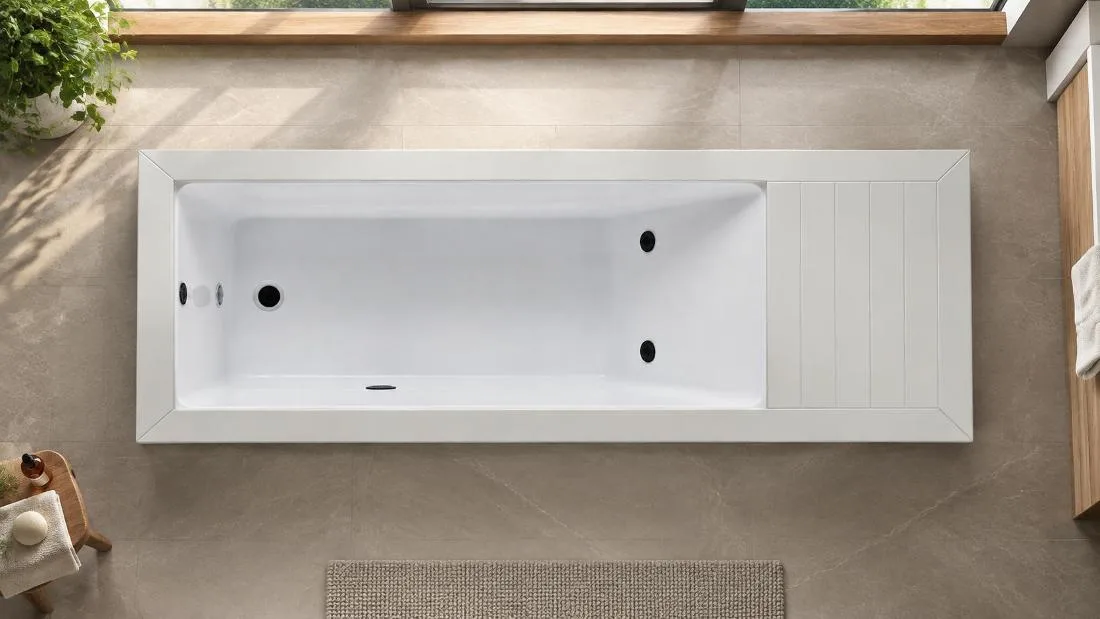Interior Basin and Circulation Fitting Layout Top-down overhead view of the white acrylic basin showing hydrotherapy jets and drain