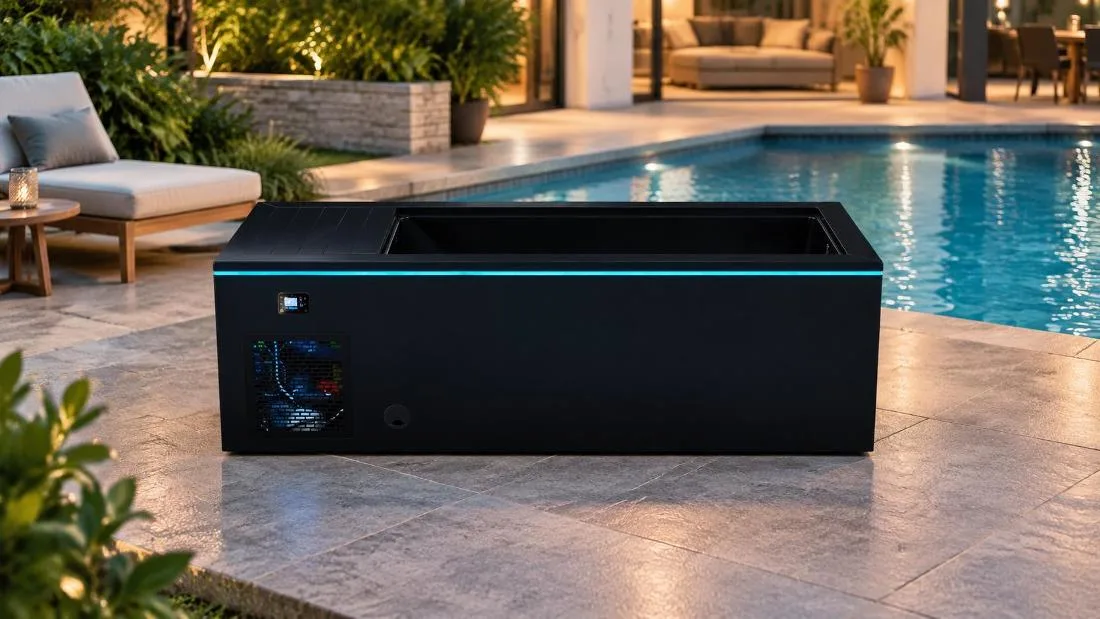 Cold plunge cabinet ventilation and LED illumination Front view of the black cold plunge tub showing the louvered chiller ventilation grille and cyan-blue ambient LED strip