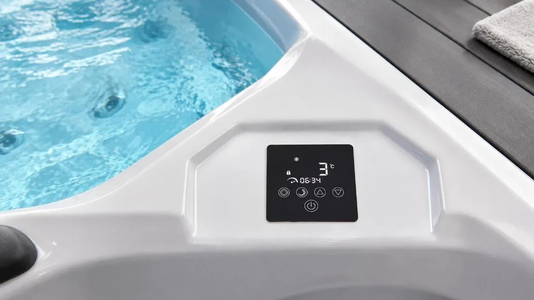 Digital Touchscreen Control Panel Close-up top-down view of the built-in digital touch control panel on the tub ledge