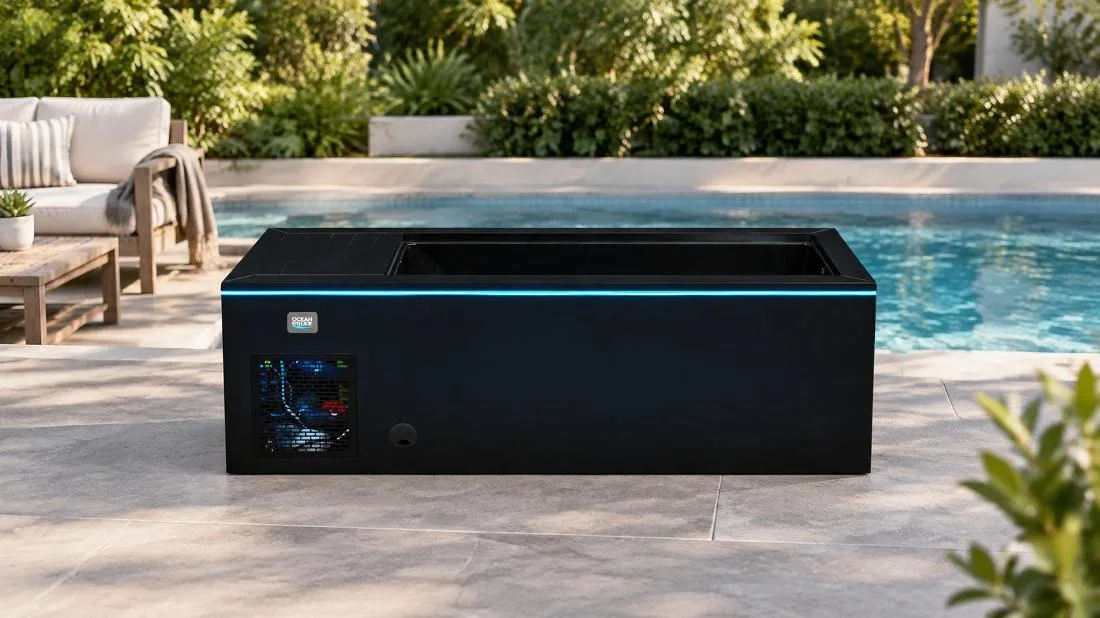 Exterior Cabinet with Ambient Lighting Front horizontal view of the black cold plunge tub with blue LED illumination