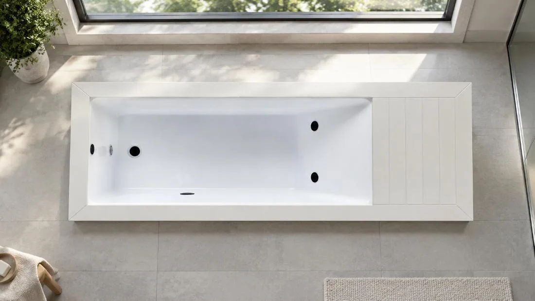 Interior Basin and Deck Layout Direct overhead view of the white cold plunge tub interior basin and equipment deck