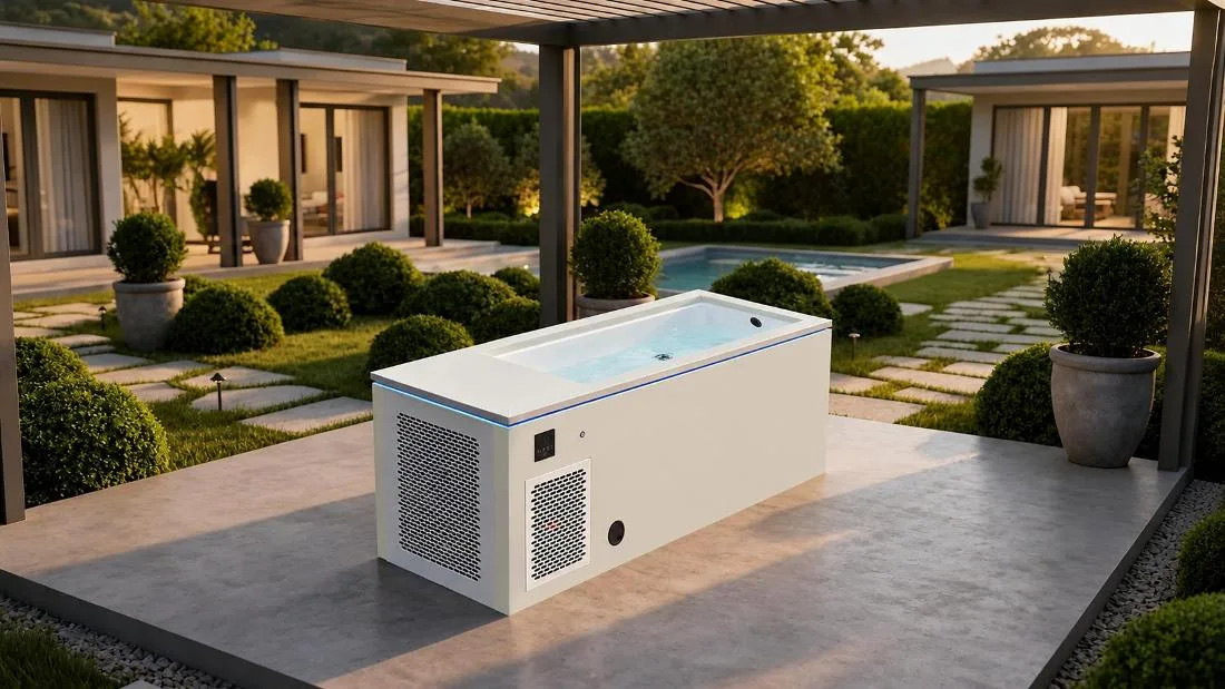 Residential Patio Installation Outdoor lifestyle scene showing the cold plunge tub installed on a residential patio